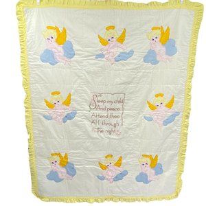 Angel embroidered baby crib quilt blanket yellow white unisex boy girl